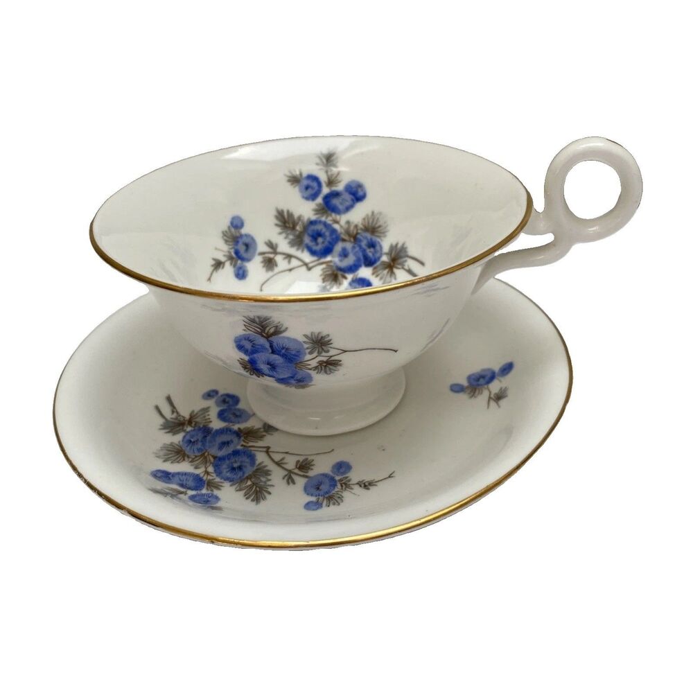 Vintage Radfords Crown China Teacup Saucer 7310 Blue Floral Gold Trim England